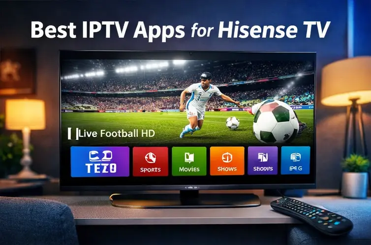 Hisense Smart TV showing IPTV apps interface with live football match streaming in HD quality
