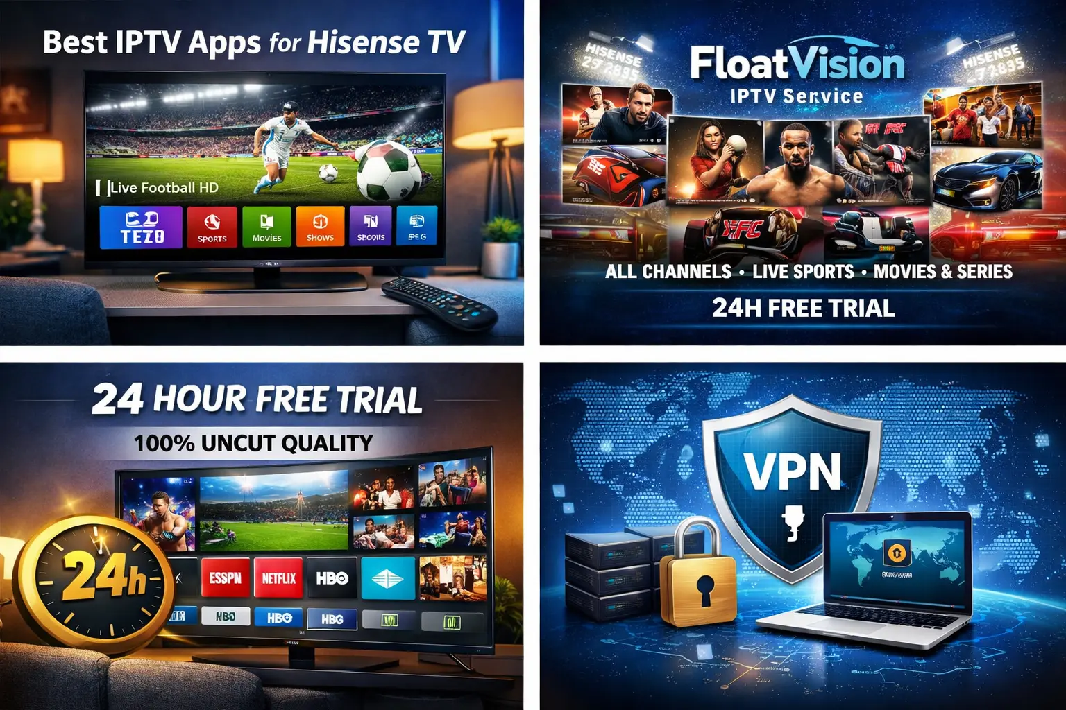 Best IPTV apps for Hisense TV streaming live football in HD with sports, movies, and TV shows menu interface