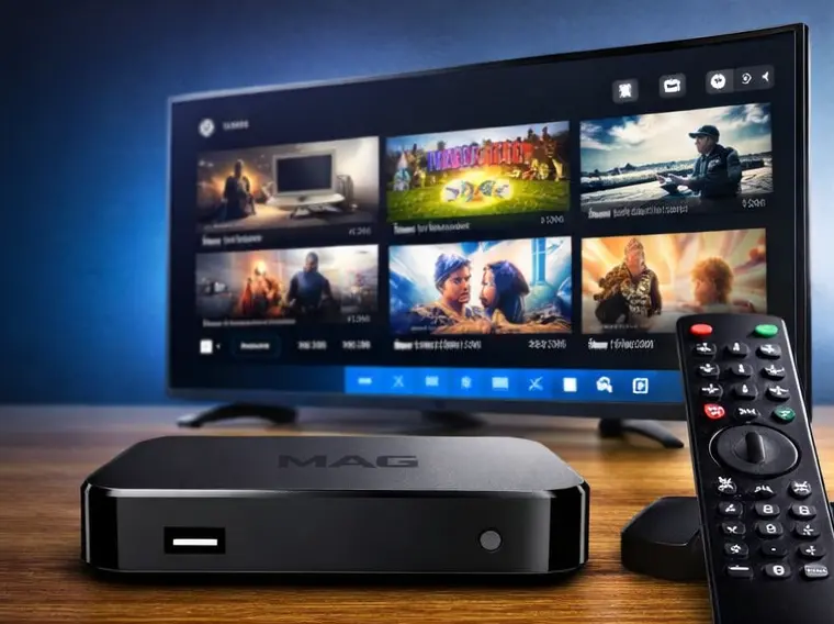premium IPTV for MAG devices setup with TV and remote control streaming interface