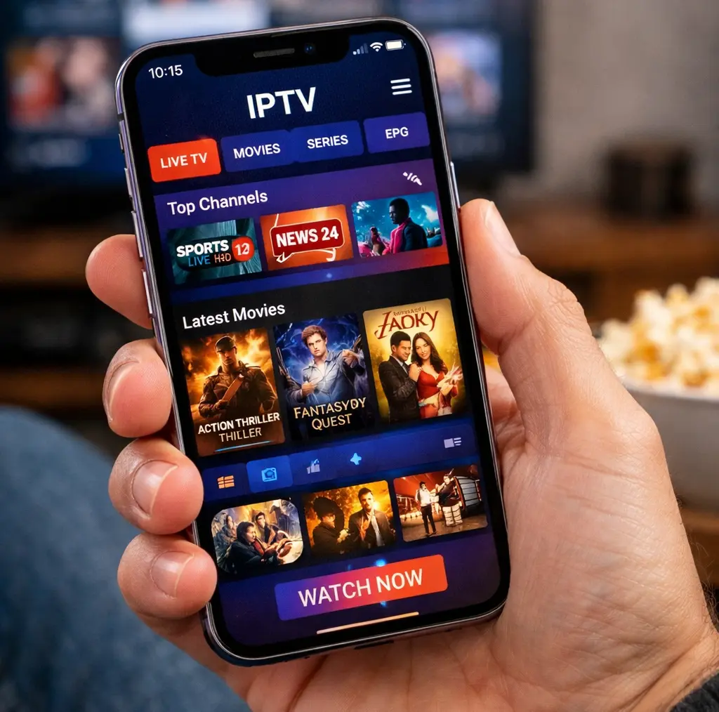 IPTV app interface on iPhone showing live TV channels movies and streaming options