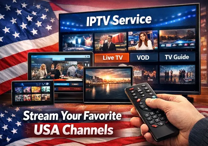 Streaming IPTV service with remote control showing live TV, VOD, and USA channels on screen