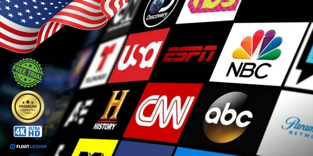 Best IPTV for USA channels showing live TV logos like news and sports networks with 4K HD streaming and free trial offer