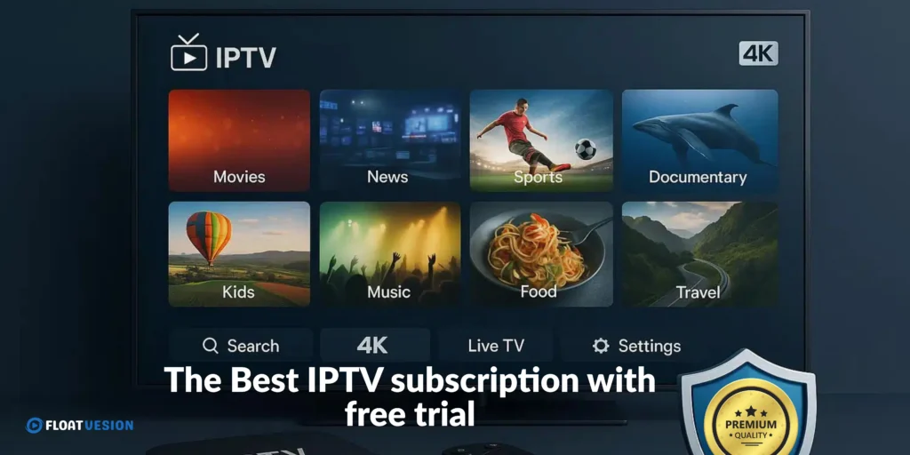 Best IPTV subscription with free trial showing 4K streaming interface with movies, sports, news, and live TV categories