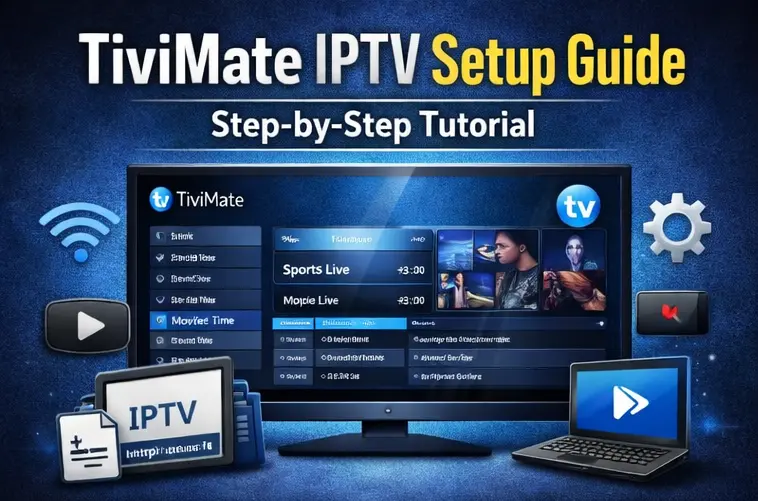 TiviMate IPTV setup guide screen showing IPTV player dashboard with channel list, M3U playlist integration, and streaming interface on smart TV
