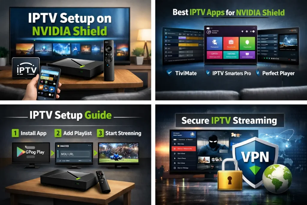 IPTV Setup on NVIDIA Shield (2026 Guide) – Easy, Fast & Buffer-Free Streaming 2 IPTV Setup on NVIDIA Shield showing apps installation, M3U playlist setup, streaming interface, and VPN security for smooth IPTV streaming