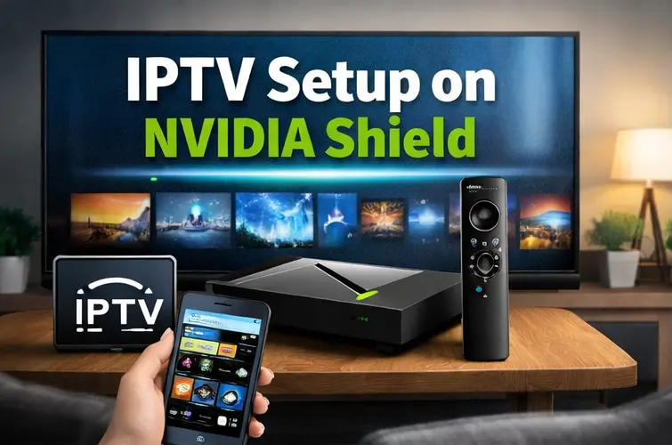 IPTV Setup on NVIDIA Shield in a living room with TV streaming apps, remote control, and smartphone interface