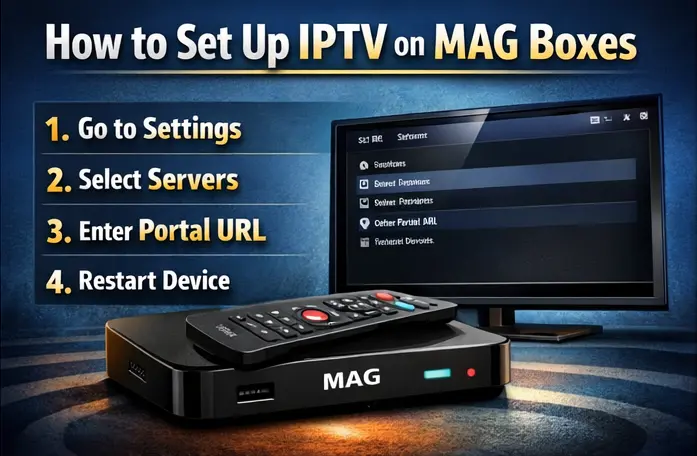 Best IPTV for MAG boxes streaming setup with high-quality display and modern entertainment interface