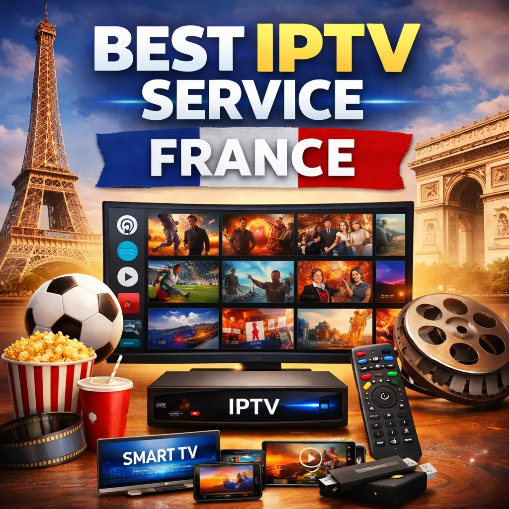 best IPTV service France streaming setup with smart TV IPTV box and multiple devices showing live channels and VOD content
