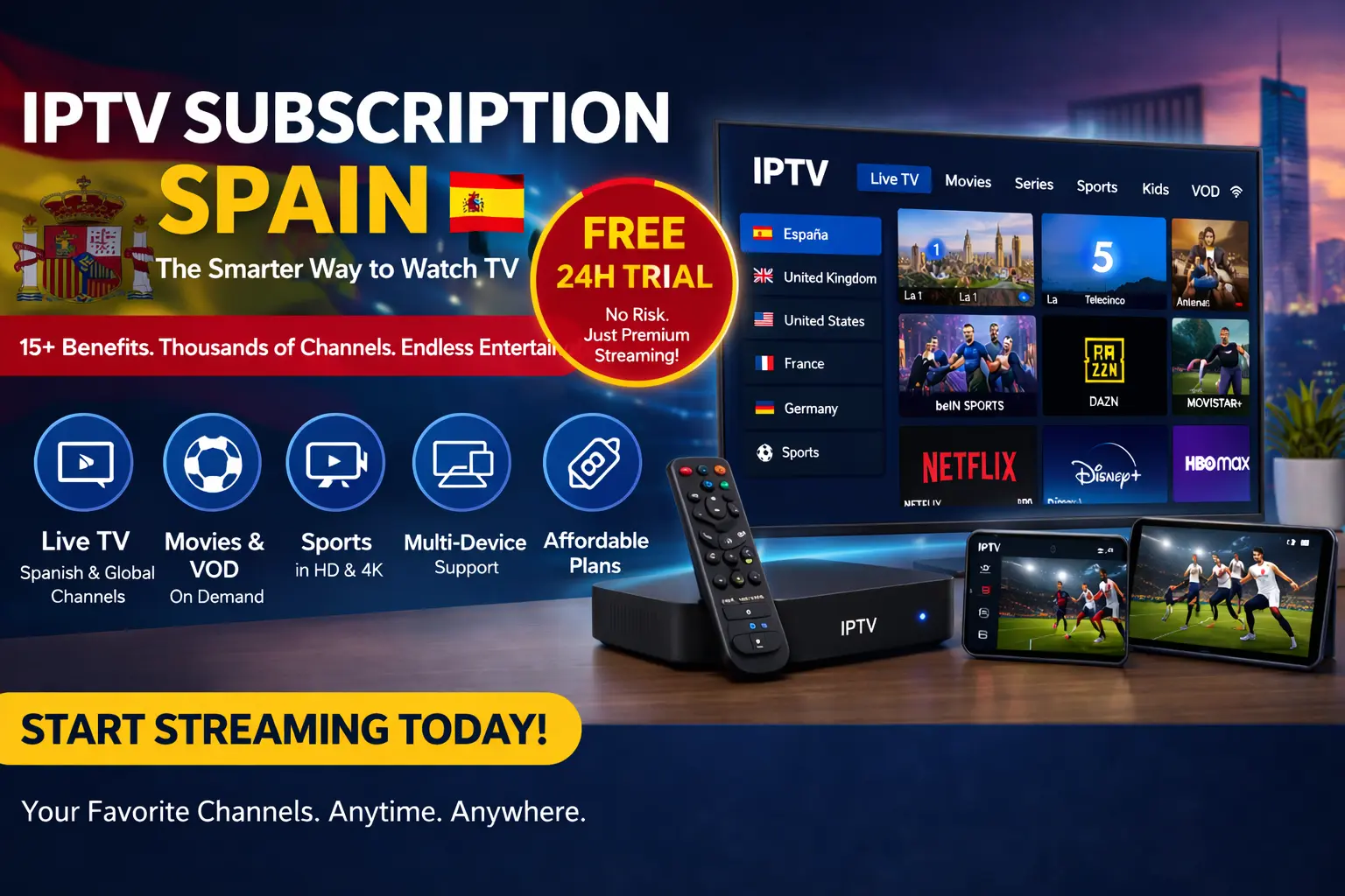 IPTV subscription Spain banner showing smart TV interface, streaming devices, and free 24 hour trial offer