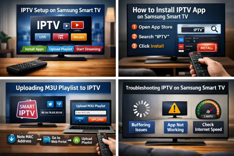 IPTV setup on Samsung Smart TV showing app installation, M3U playlist upload, and streaming activation steps
