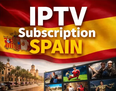 IPTV subscription Spain setup with Spanish flag and streaming device showing multiple TV channels