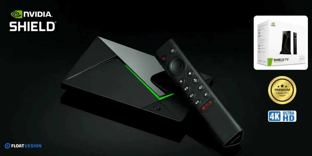 NVIDIA Shield TV Pro device with remote showing 4K Ultra HD IPTV streaming capabilities and premium Android TV performance