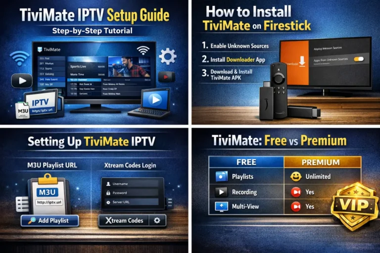 TiviMate IPTV setup guide showing Firestick installation steps, M3U playlist setup, Xtream Codes login, and free vs premium comparison
