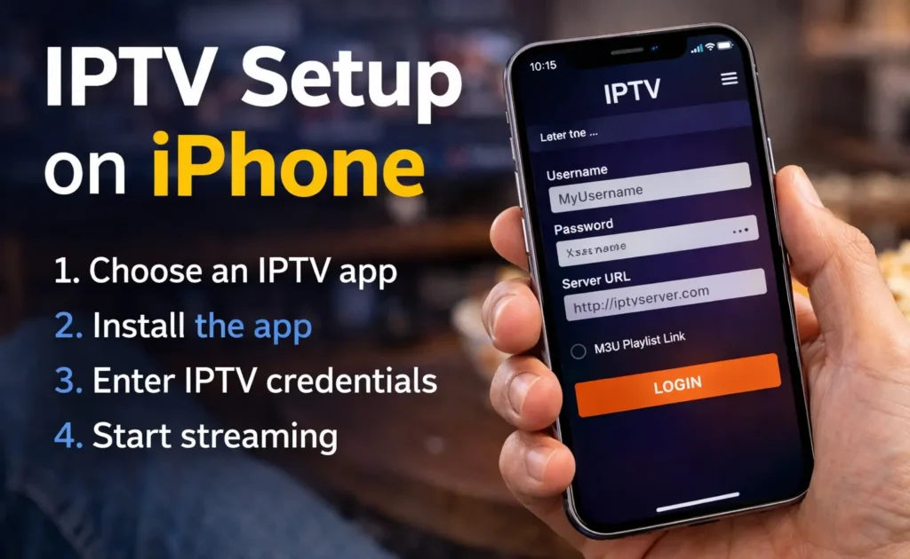 Step by step IPTV setup on iPhone showing login screen and instructions