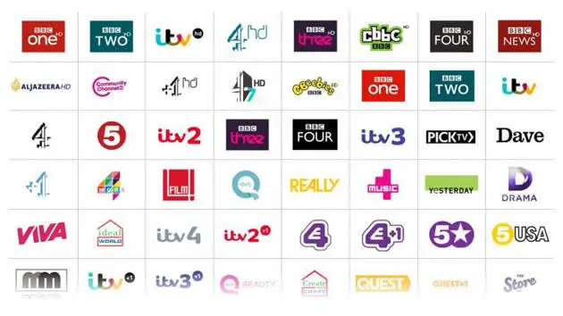 UK TV channel logos grid including BBC, ITV, Channel 4 and other British IPTV channels