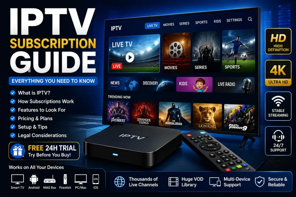 IPTV Subscription Guide showing premium IPTV streaming interface, HD and 4K channels, live TV, movies, sports, and compatible streaming devices