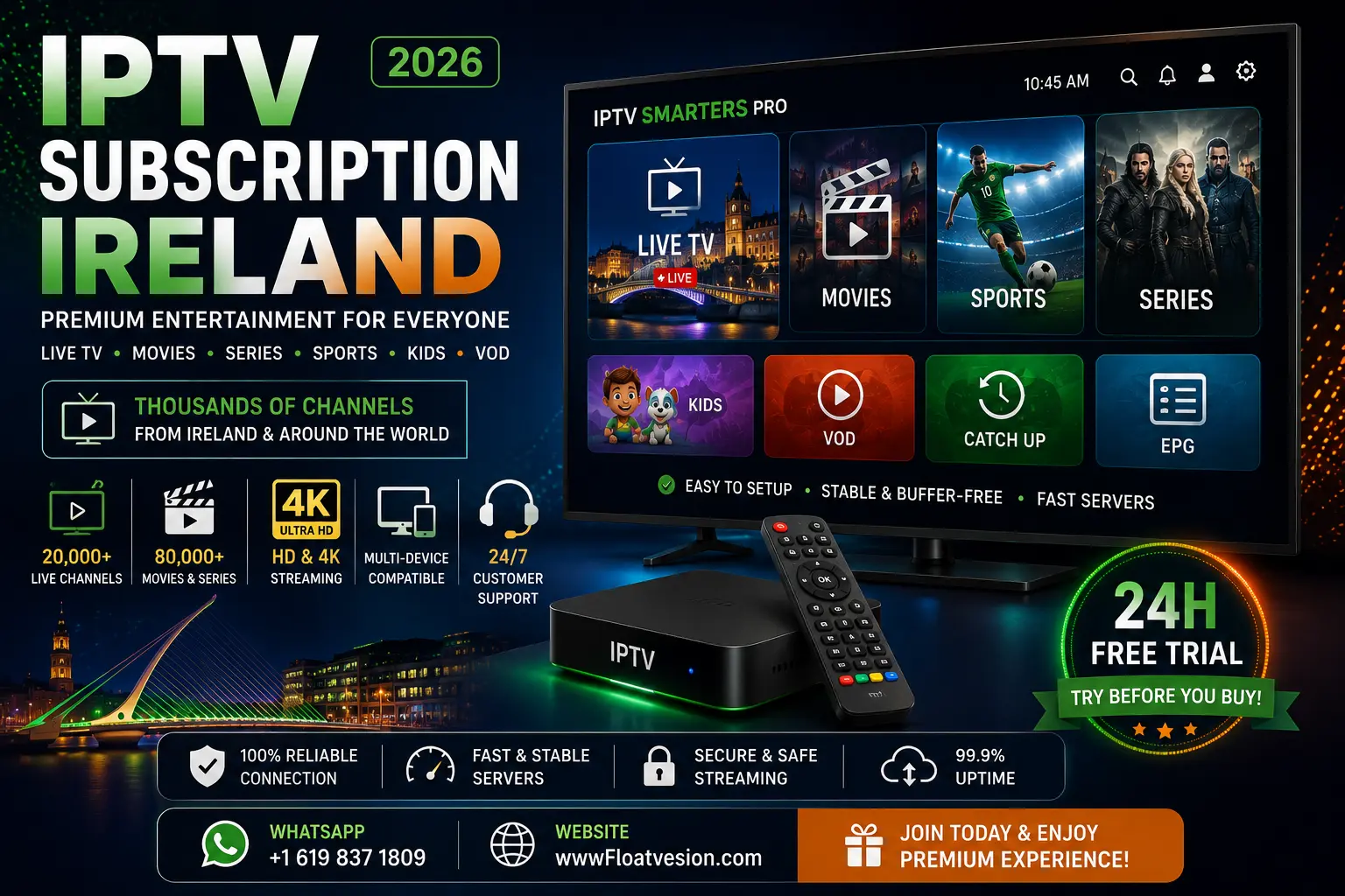 IPTV Subscription Ireland featuring live TV, Irish channels, movies, sports, HD and 4K streaming, and multi-device IPTV compatibility