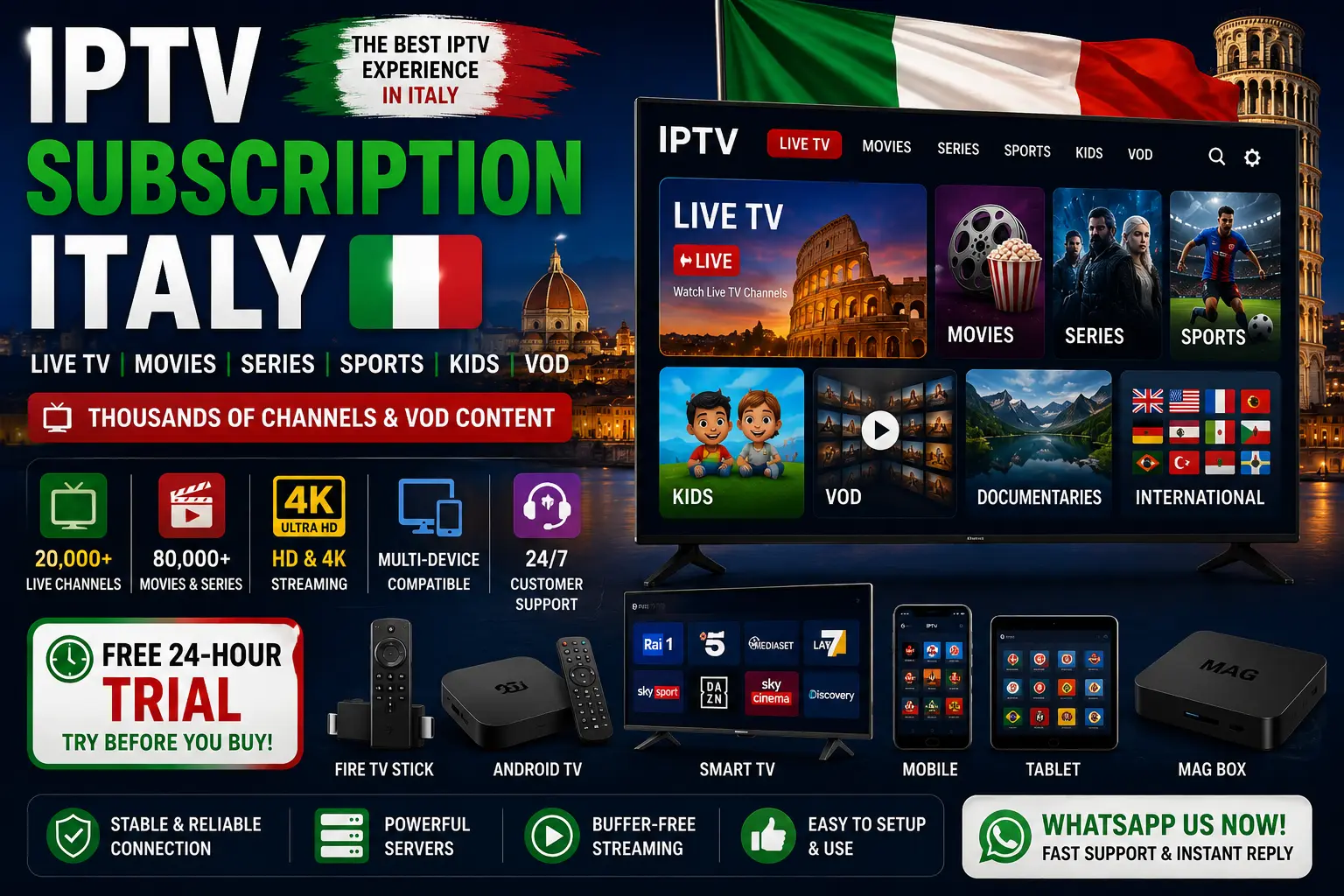 IPTV Subscription Italy featuring live TV, Italian channels, movies, sports, HD and 4K streaming, and multi-device IPTV compatibility