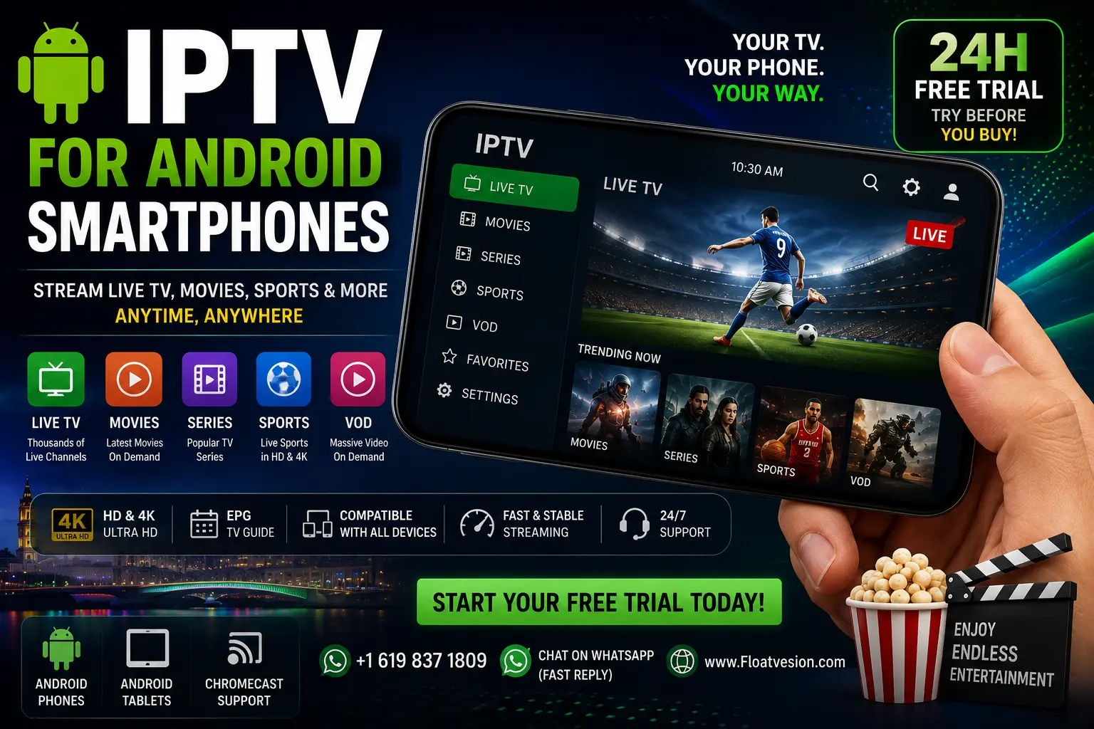 IPTV for Android smartphones with live TV, movies, sports, VOD, and HD and 4K streaming