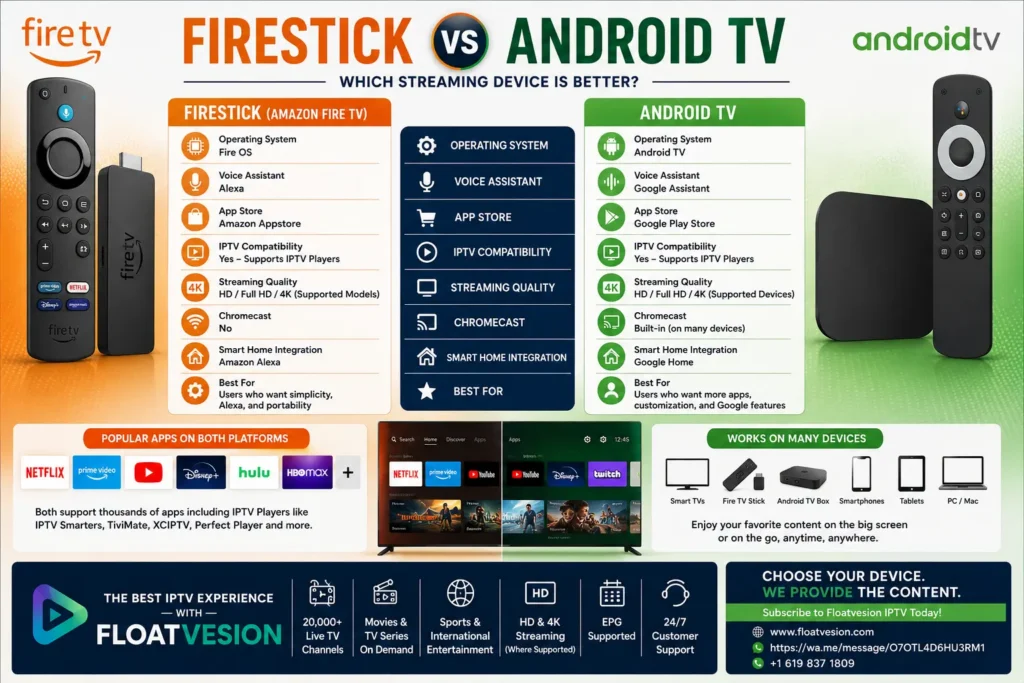 Infographic comparing Firestick and Android TV, highlighting differences in performance, IPTV compatibility, app availability, streaming quality, voice assistants, and supported features.