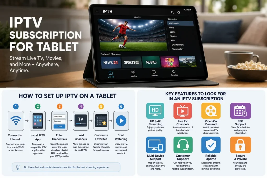 Infographic showing an IPTV subscription for tablet with setup steps, HD streaming features, live TV, video on demand, EPG support, and multi-device compatibility for Android tablets and iPads.