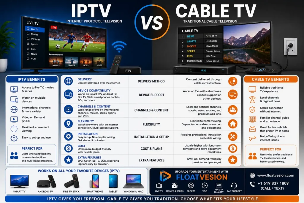 Infographic comparing IPTV and Cable TV, highlighting differences in live TV, streaming quality, supported devices, channel selection, installation, and viewing flexibility.